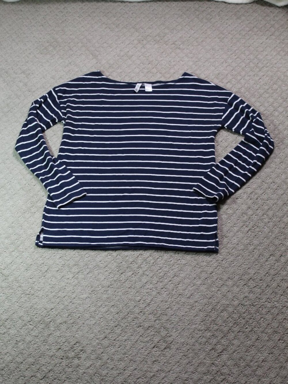 H&M Divided Size S Blue White Striped French Terry Boat Neck Long Sleeve Top